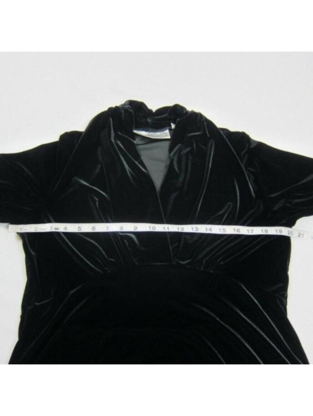 George Simonton Black Velvet Ruched Midi Dress Medium LBD V-neck 3/4 Sleeves - Picture 8 of 10